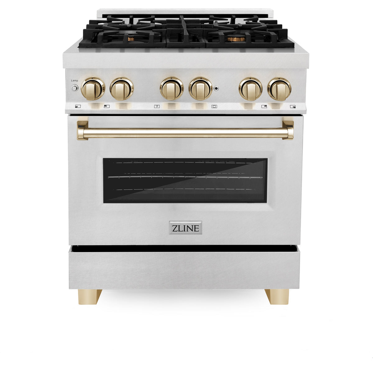ZLINE Autograph Edition 30 in. 4.0 cu. ft. Legacy Dual Fuel Range with 4 Burner Gas Cooktop and Electric Convection Oven in Satin Stainless Steel and Polished Gold Accents (RASZ-SN-30-G)