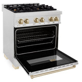 ZLINE Autograph Edition 30 in. 4.0 cu. ft. Legacy Dual Fuel Range with 4 Burner Gas Cooktop and Electric Convection Oven in Satin Stainless Steel and Polished Gold Accents (RASZ-SN-30-G)
