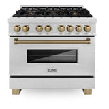 ZLINE Autograph Edition 36 in. 4.6 cu. ft. Legacy Dual Fuel Range with 6 Burner Gas Cooktop and Electric Convection Oven in Satin Stainless Steel and Champagne Bronze Accents (RASZ-SN-36-CB)