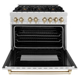 ZLINE Autograph Edition 36 in. 4.6 cu. ft. Legacy Dual Fuel Range with 6 Burner Gas Cooktop and Electric Convection Oven in Satin Stainless Steel and Polished Gold Accents (RASZ-SN-36-G)