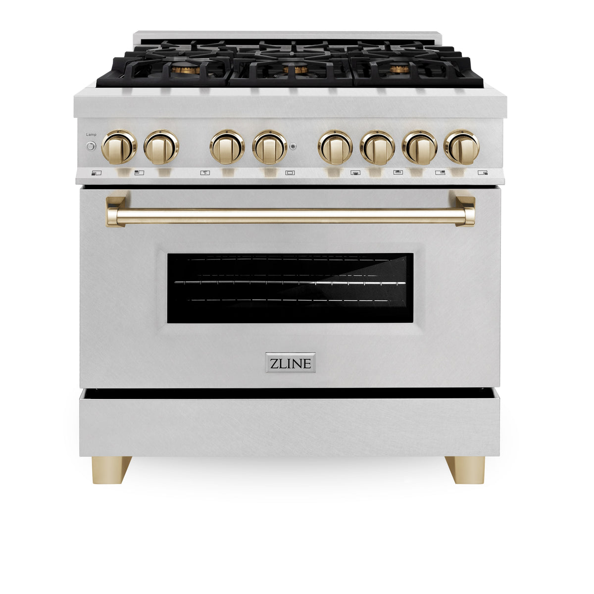 ZLINE Autograph Edition 36 in. 4.6 cu. ft. Legacy Dual Fuel Range with 6 Burner Gas Cooktop and Electric Convection Oven in Satin Stainless Steel and Polished Gold Accents (RASZ-SN-36-G)