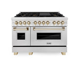 ZLINE Autograph Edition 48 in. 6.0 cu. ft. Legacy Dual Fuel Range with 7 Burner Gas Cooktop and 2 Electric Ovens in Satin Stainless Steel and Polished Gold Accents (RASZ-SN-48-G)