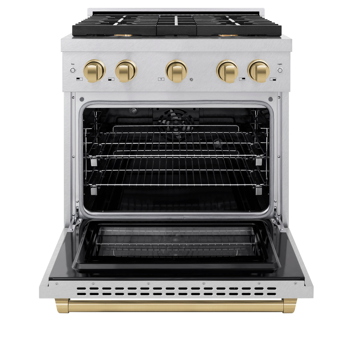 ZLINE Autograph Edition 30 in. 4.2 cu. ft. Paramount Dual Fuel Range with 4 Burner Gas Cooktop and Electric Convection Oven in Satin Stainless Steel with Champagne Bronze Accents (SDRSZ-30-CB)