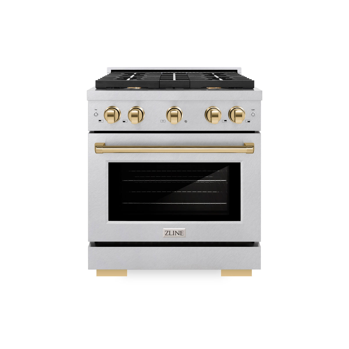 ZLINE Autograph Edition 30 in. 4.2 cu. ft. Paramount Dual Fuel Range with 4 Burner Gas Cooktop and Electric Convection Oven in Satin Stainless Steel with Polished Gold Accents (SDRSZ-30-G)