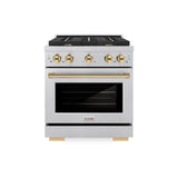 ZLINE Autograph Edition 30 in. 4.2 cu. ft. Paramount Dual Fuel Range with 4 Burner Gas Cooktop and Electric Convection Oven in Satin Stainless Steel with Polished Gold Accents (SDRSZ-30-G)