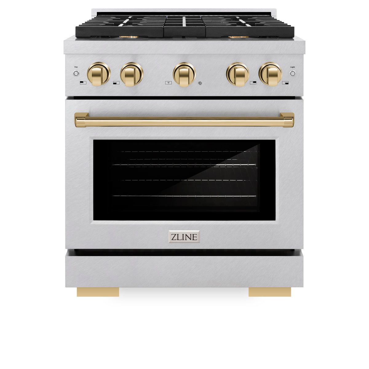 ZLINE Autograph Edition 30 in. 4.2 cu. ft. Paramount Dual Fuel Range with 4 Burner Gas Cooktop and Electric Convection Oven in Satin Stainless Steel with Polished Gold Accents (SDRSZ-30-G)