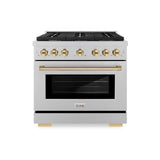 ZLINE Autograph Edition 36 in. 5.2 cu. ft. Paramount Dual Fuel Range with 6 Burner Gas Cooktop and Electric Convection Oven in Satin Stainless Steel with Polished Gold Accents (SDRSZ-36-G)