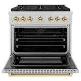 ZLINE Autograph Edition 36 in. 5.2 cu. ft. Paramount Dual Fuel Range with 6 Burner Gas Cooktop and Electric Convection Oven in Satin Stainless Steel with Polished Gold Accents (SDRSZ-36-G)