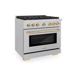 ZLINE Autograph Edition 36 in. 5.2 cu. ft. Paramount Dual Fuel Range with 6 Burner Gas Cooktop and Electric Convection Oven in Satin Stainless Steel with Polished Gold Accents (SDRSZ-36-G)
