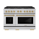 ZLINE Autograph Edition 48 in. 6.7 cu. ft. Paramount Double Oven Dual Fuel Range with 8 Burner Gas Cooktop in Satin Stainless Steel and Champagne Bronze Accents (SDRSZ-48-CB)