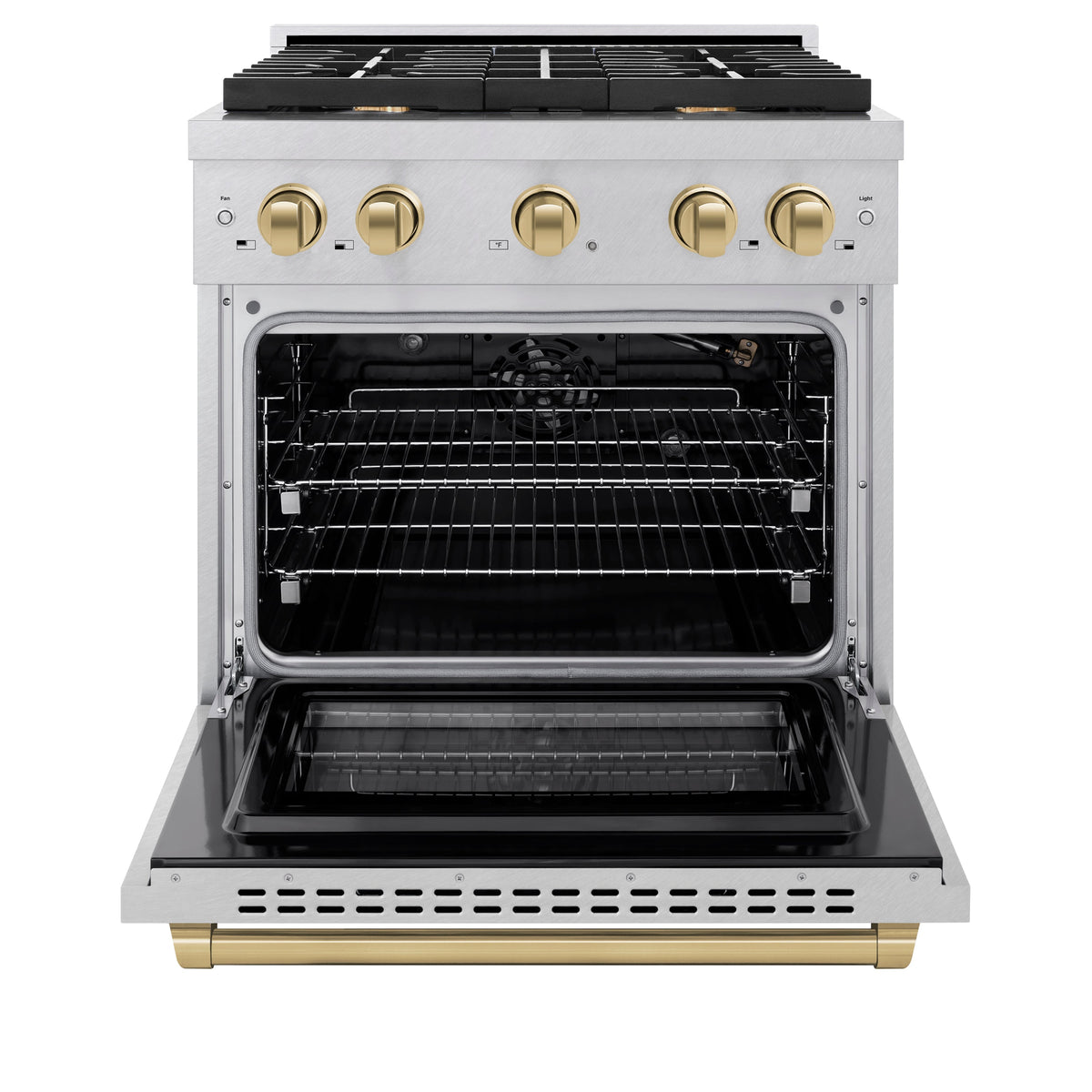 ZLINE Autograph Edition 30 in. 4.2 cu. ft. Paramount Gas Range with 4 Burner Cooktop and Convection Gas Oven in Satin Stainless Steel and Champagne Bronze Accents (SGRSZ-30-CB)