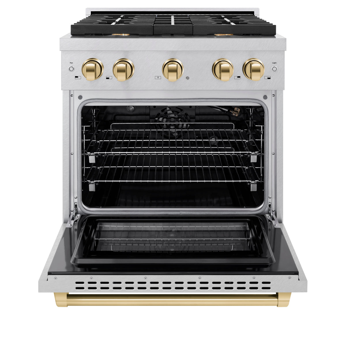 ZLINE Autograph Edition 30 in. 4.2 cu. ft. Paramount Gas Range with 4 Burner Cooktop and Convection Gas Oven in Satin Stainless Steel and Polished Gold Accents (SGRSZ-30-G)