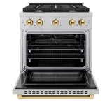 ZLINE Autograph Edition 30 in. 4.2 cu. ft. Paramount Gas Range with 4 Burner Cooktop and Convection Gas Oven in Satin Stainless Steel and Polished Gold Accents (SGRSZ-30-G)