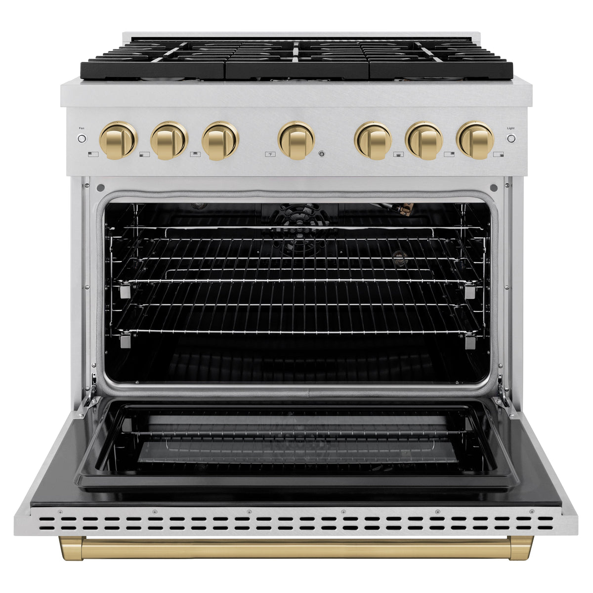 ZLINE Autograph Edition 36 in. 5.2 cu. ft. Paramount Gas Range with 6 Burner Cooktop and Convection Gas Oven in Satin Stainless Steel and Champagne Bronze Accents (SGRSZ-36-CB)