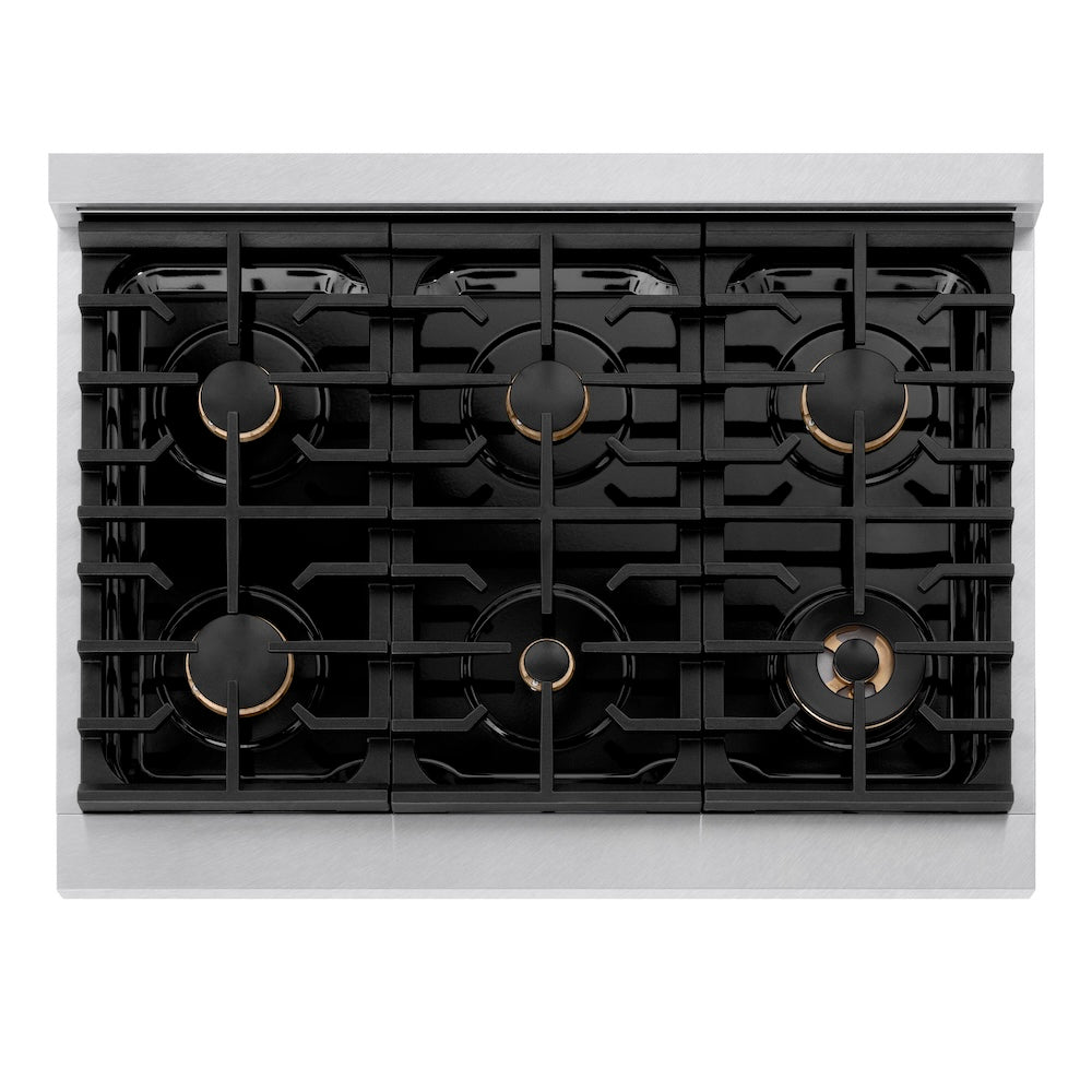 ZLINE Autograph Edition 36 in. 5.2 cu. ft. Paramount Gas Range with 6 Burner Cooktop and Convection Gas Oven in Satin Stainless Steel and Champagne Bronze Accents (SGRSZ-36-CB)