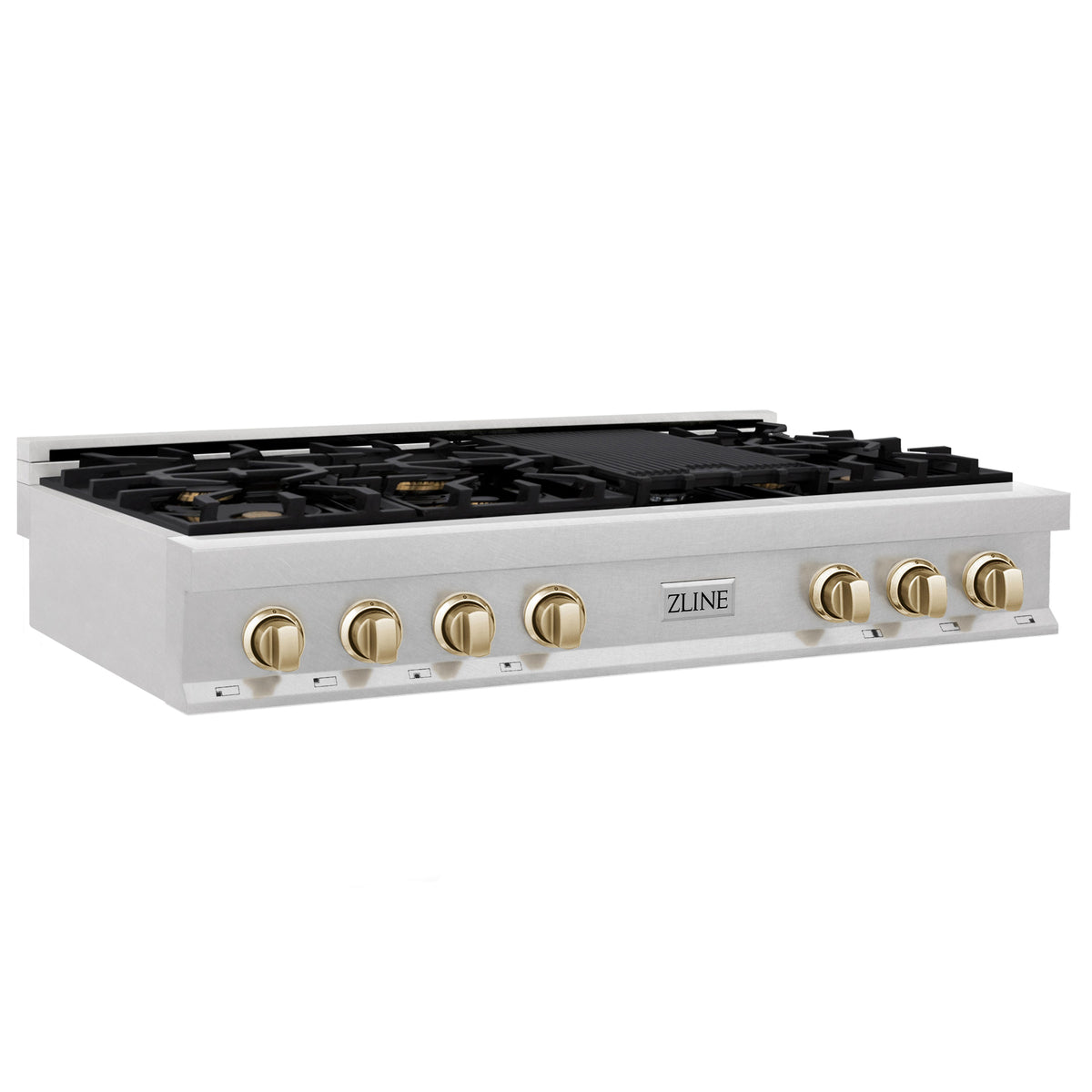 ZLINE Autograph Edition 48 in. Legacy Gas Rangetop with 7 Burners and Porcelain Cooktop in Satin Stainless Steel with Polished Gold Accents (RTSZ-48-G)