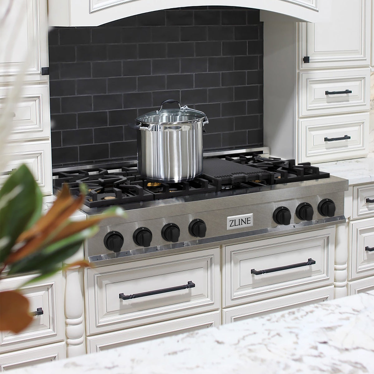 ZLINE Autograph Edition 48 in. Legacy Gas Rangetop with 7 Burners and Porcelain Cooktop in Satin Stainless Steel with Matte Black Accents (RTSZ-48-MB)