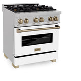 ZLINE Autograph Edition 30 in. 4.0 cu. ft. Legacy Dual Fuel Range with 4 Burner Gas Cooktop and Electric Convection Oven in Satin Stainless Steel with White Matte Door and Champagne Bronze Accents (RASZ-WM-30-CB)