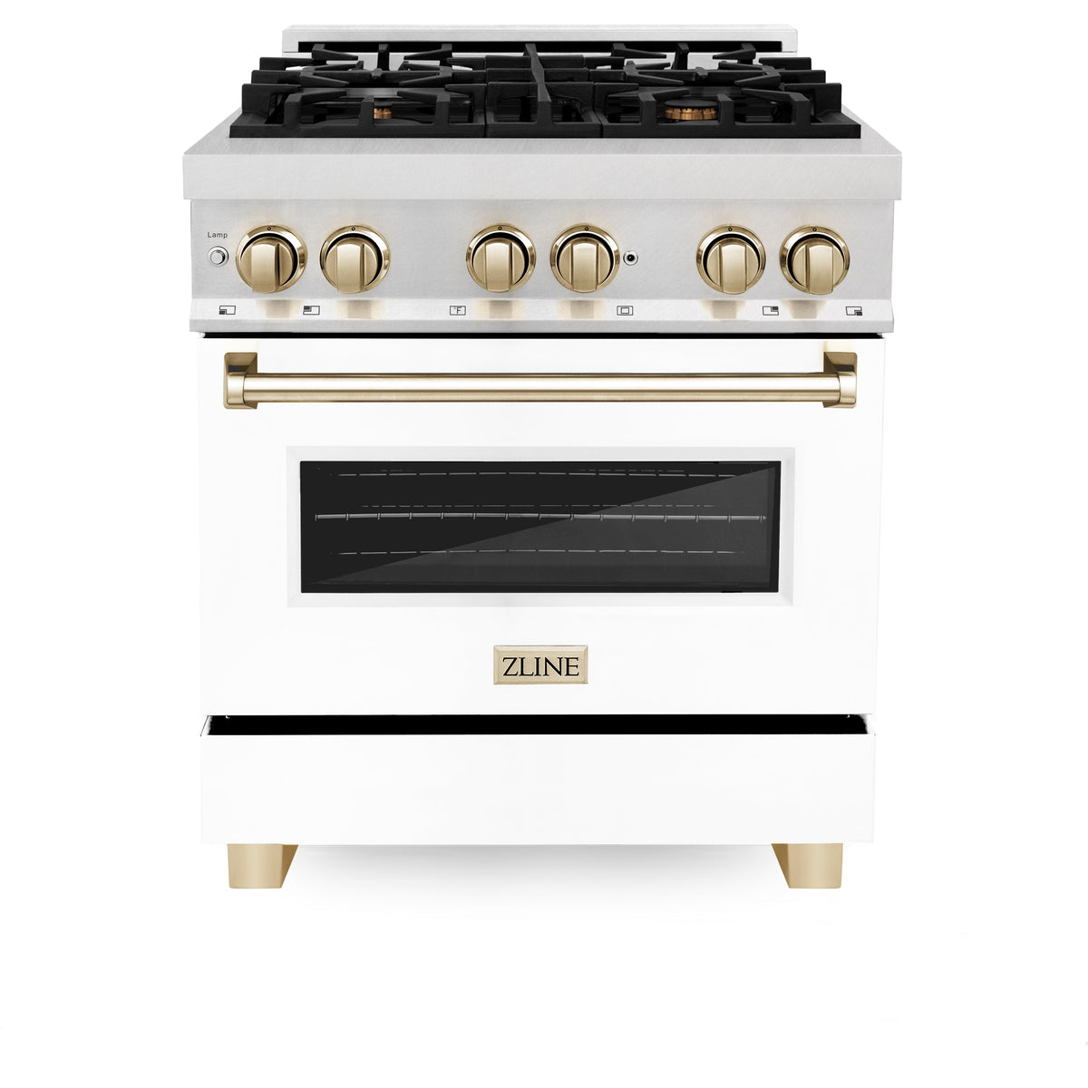 ZLINE Autograph Edition 30 in. 4.0 cu. ft. Legacy Dual Fuel Range with 4 Burner Gas Cooktop and Electric Convection Oven in Satin Stainless Steel with White Matte Door and Polished Gold Accents (RASZ-WM-30-G)