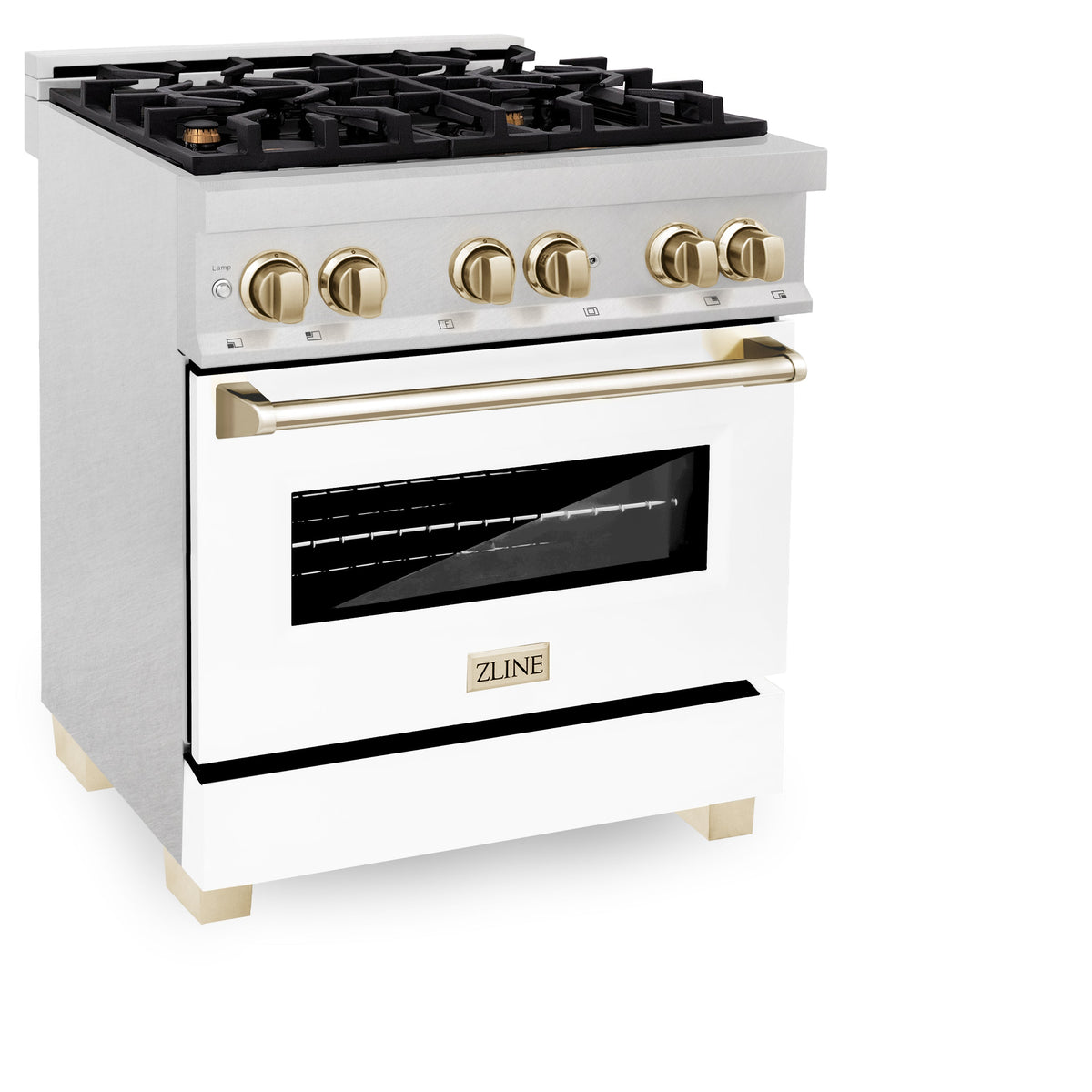 ZLINE Autograph Edition 30 in. 4.0 cu. ft. Legacy Dual Fuel Range with 4 Burner Gas Cooktop and Electric Convection Oven in Satin Stainless Steel with White Matte Door and Polished Gold Accents (RASZ-WM-30-G)