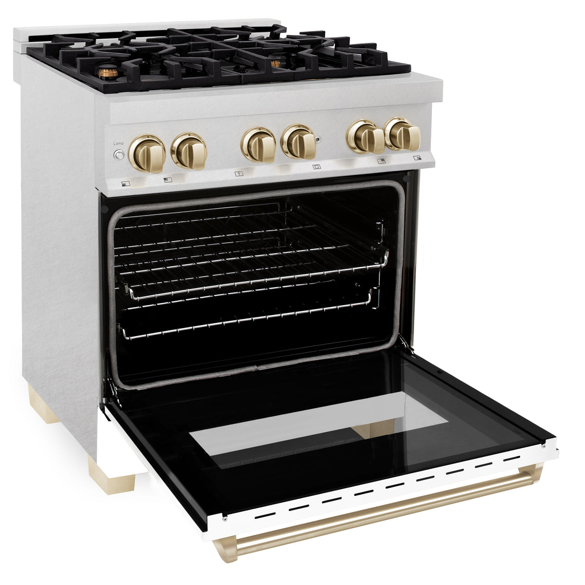 ZLINE Autograph Edition 30 in. 4.0 cu. ft. Legacy Dual Fuel Range with 4 Burner Gas Cooktop and Electric Convection Oven in Satin Stainless Steel with White Matte Door and Polished Gold Accents (RASZ-WM-30-G)