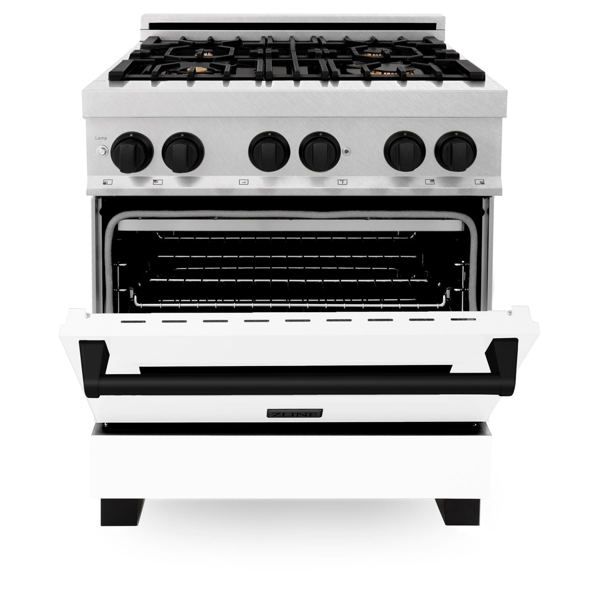 ZLINE Autograph Edition 30 in. 4.0 cu. ft. Legacy Dual Fuel Range with 4 Burner Gas Cooktop and Electric Convection Oven in Satin Stainless Steel with White Matte Door and Matte Black Accents (RASZ-WM-30-MB)