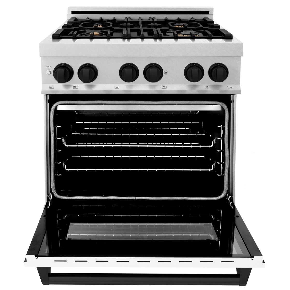 ZLINE Autograph Edition 30 in. 4.0 cu. ft. Legacy Dual Fuel Range with 4 Burner Gas Cooktop and Electric Convection Oven in Satin Stainless Steel with White Matte Door and Matte Black Accents (RASZ-WM-30-MB)