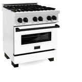 ZLINE Autograph Edition 30 in. 4.0 cu. ft. Legacy Dual Fuel Range with 4 Burner Gas Cooktop and Electric Convection Oven in Satin Stainless Steel with White Matte Door and Matte Black Accents (RASZ-WM-30-MB)