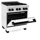 ZLINE Autograph Edition 30 in. 4.0 cu. ft. Legacy Dual Fuel Range with 4 Burner Gas Cooktop and Electric Convection Oven in Satin Stainless Steel with White Matte Door and Matte Black Accents (RASZ-WM-30-MB)