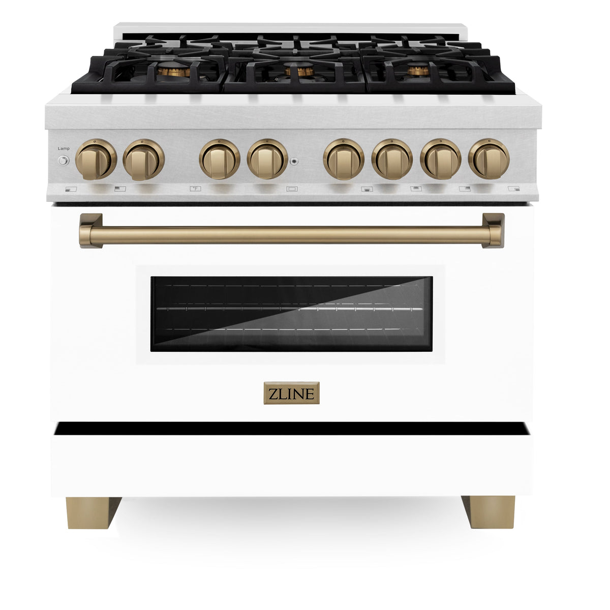 ZLINE Autograph Edition 36 in. 4.6 cu. ft. Legacy Dual Fuel Range with 6 Burner Gas Cooktop and Electric Convection Oven in Satin Stainless Steel with White Matte Door and Champagne Bronze Accents (RASZ-WM-36-CB)