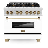 ZLINE Autograph Edition 36 in. 4.6 cu. ft. Legacy Dual Fuel Range with 6 Burner Gas Cooktop and Electric Convection Oven in Satin Stainless Steel with White Matte Door and Champagne Bronze Accents (RASZ-WM-36-CB)