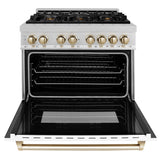 ZLINE Autograph Edition 36 in. 4.6 cu. ft. Legacy Dual Fuel Range with 6 Burner Gas Cooktop and Electric Convection Oven in Satin Stainless Steel with White Matte Door and Polished Gold Accents (RASZ-WM-36-G)