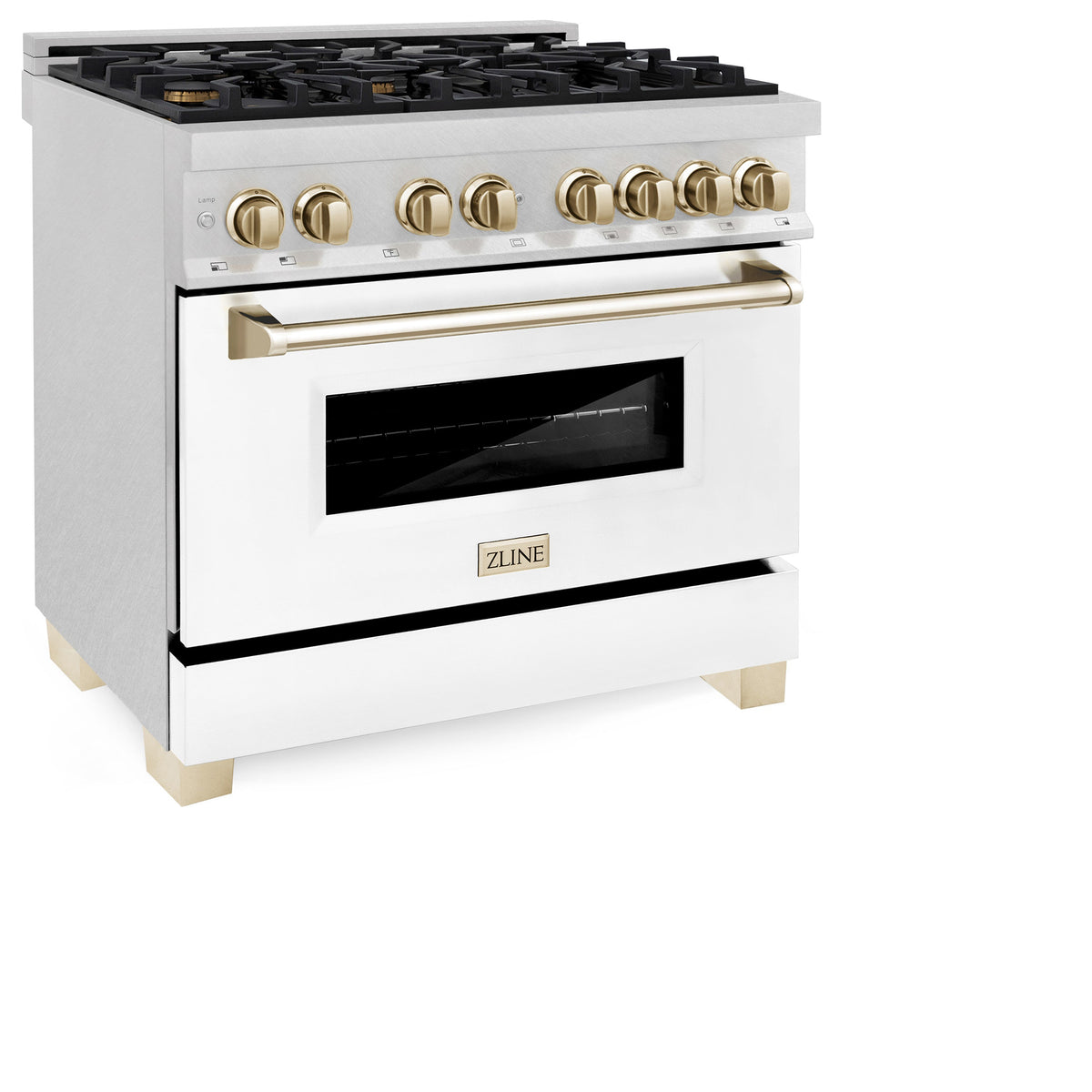 ZLINE Autograph Edition 36 in. 4.6 cu. ft. Legacy Dual Fuel Range with 6 Burner Gas Cooktop and Electric Convection Oven in Satin Stainless Steel with White Matte Door and Polished Gold Accents (RASZ-WM-36-G)