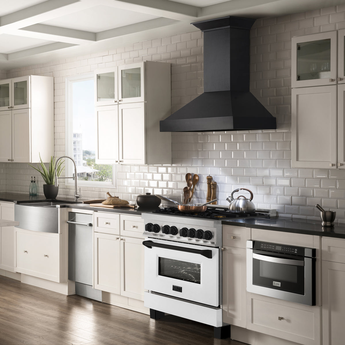 ZLINE Autograph Edition 36 in. 4.6 cu. ft. Legacy Dual Fuel Range with 6 Burner Gas Cooktop and Electric Convection Oven in Satin Stainless Steel with White Matte Door and Matte Black Accents (RASZ-WM-36-MB)