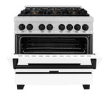 ZLINE Autograph Edition 36 in. 4.6 cu. ft. Legacy Dual Fuel Range with 6 Burner Gas Cooktop and Electric Convection Oven in Satin Stainless Steel with White Matte Door and Matte Black Accents (RASZ-WM-36-MB)
