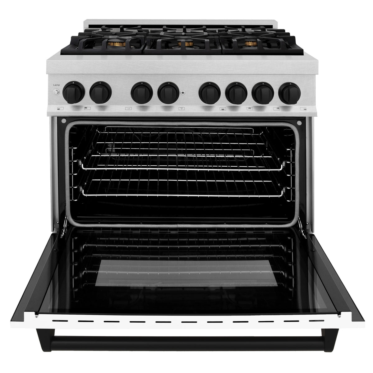 ZLINE Autograph Edition 36 in. 4.6 cu. ft. Legacy Dual Fuel Range with 6 Burner Gas Cooktop and Electric Convection Oven in Satin Stainless Steel with White Matte Door and Matte Black Accents (RASZ-WM-36-MB)