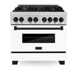 ZLINE Autograph Edition 36 in. 4.6 cu. ft. Legacy Dual Fuel Range with 6 Burner Gas Cooktop and Electric Convection Oven in Satin Stainless Steel with White Matte Door and Matte Black Accents (RASZ-WM-36-MB)