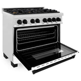 ZLINE Autograph Edition 36 in. 4.6 cu. ft. Legacy Dual Fuel Range with 6 Burner Gas Cooktop and Electric Convection Oven in Satin Stainless Steel with White Matte Door and Matte Black Accents (RASZ-WM-36-MB)