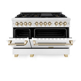 ZLINE Autograph Edition 48 in. 6.0 cu. ft. Legacy Dual Fuel Range with 7 Burner Gas Cooktop and 2 Electric Ovens in Satin Stainless Steel with White Matte Doors and Polished Gold Accents (RASZ-WM-48-G)