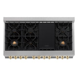 ZLINE Autograph Edition 48 in. 6.0 cu. ft. Legacy Dual Fuel Range with 7 Burner Gas Cooktop and 2 Electric Ovens in Satin Stainless Steel with White Matte Doors and Polished Gold Accents (RASZ-WM-48-G)