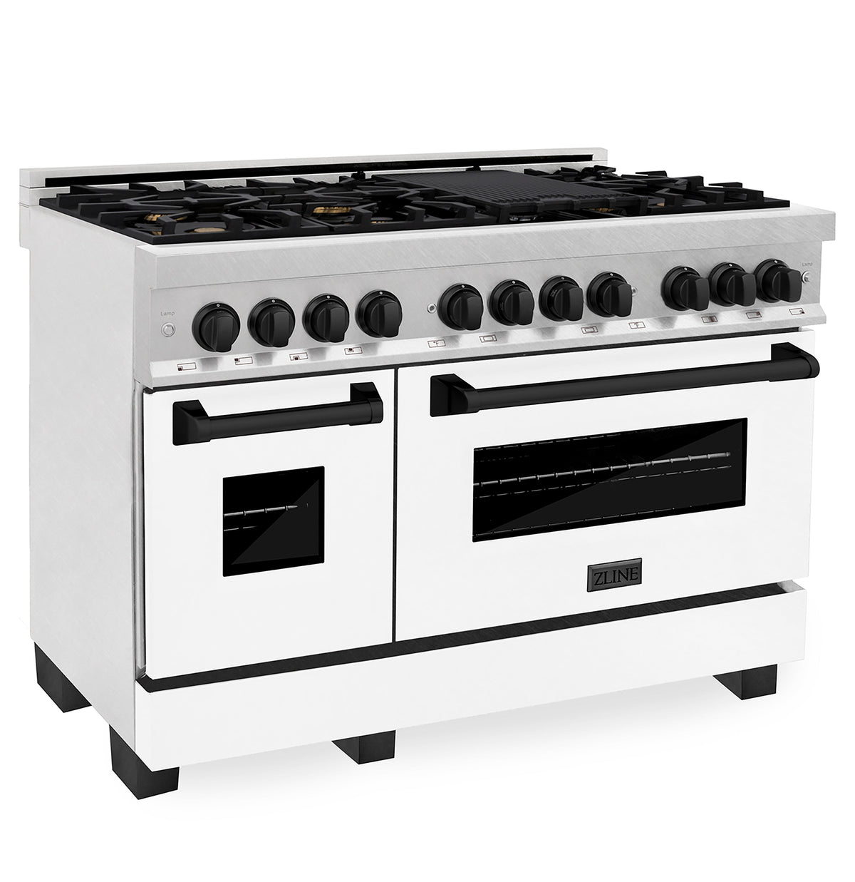 ZLINE Autograph Edition 48 in. 6.0 cu. ft. Legacy Dual Fuel Range with 7 Burner Gas Cooktop and 2 Electric Ovens in Satin Stainless Steel with White Matte Doors and Matte Black Accents (RASZ-WM-48-MB)