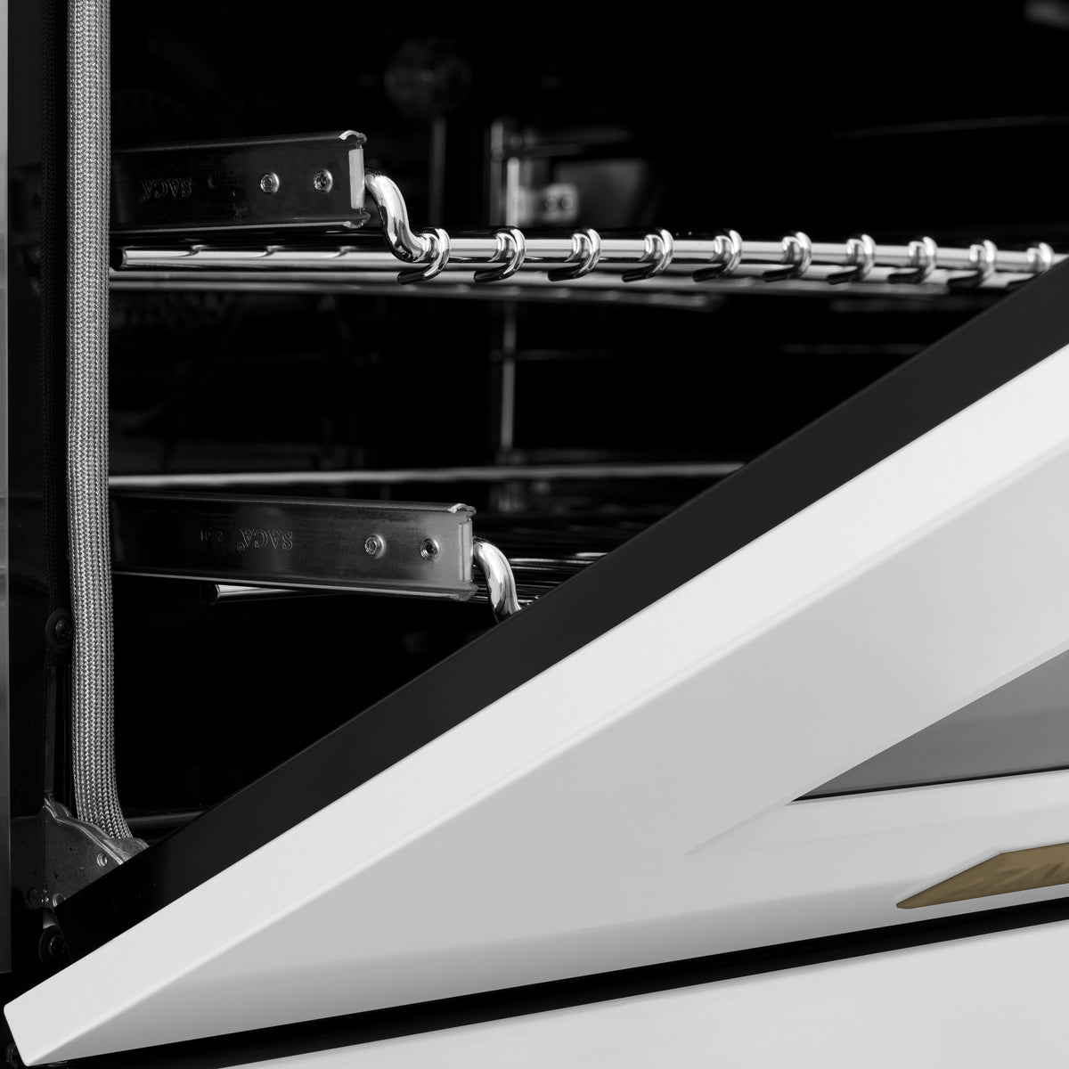 ZLINE Autograph Edition 60 in. 7.4 cu. ft. Legacy Dual Fuel Range with 9 Burner Gas Cooktop and 2 Electric Convection Ovens in Satin Stainless Steel with White Matte Doors and Champagne Bronze Accents (RASZ-WM-60-CB)