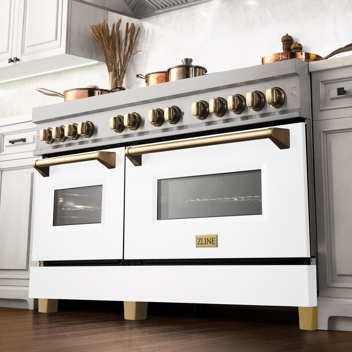 ZLINE Autograph Edition 60 in. 7.4 cu. ft. Legacy Dual Fuel Range with 9 Burner Gas Cooktop and 2 Electric Convection Ovens in Satin Stainless Steel with White Matte Doors and Polished Gold Accents (RASZ-WM-60-G)