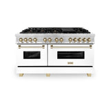 ZLINE Autograph Edition 60 in. 7.4 cu. ft. Legacy Dual Fuel Range with 9 Burner Gas Cooktop and 2 Electric Convection Ovens in Satin Stainless Steel with White Matte Doors and Polished Gold Accents (RASZ-WM-60-G)