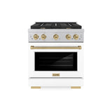 ZLINE Autograph Edition 30 in. 4.2 cu. ft. Paramount Dual Fuel Range with 4 Burner Gas Cooktop and Electric Convection Oven in Satin Stainless Steel with White Matte Door and Champagne Bronze Accents (SDRSZ-WM-30-CB)
