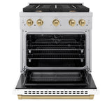 ZLINE Autograph Edition 30 in. 4.2 cu. ft. Paramount Dual Fuel Range with 4 Burner Gas Cooktop and Electric Convection Oven in Satin Stainless Steel with White Matte Door and Champagne Bronze Accents (SDRSZ-WM-30-CB)