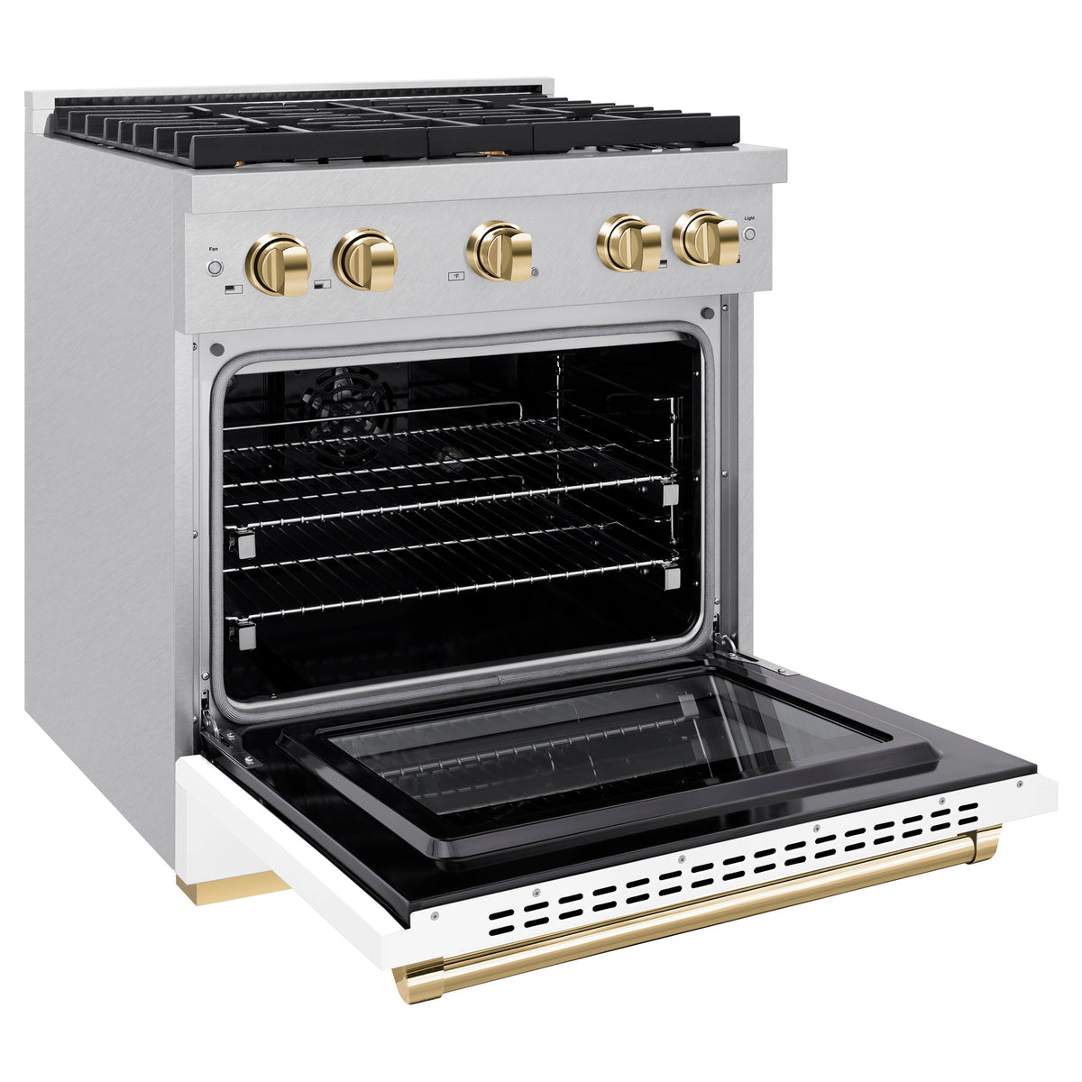 ZLINE Autograph Edition 30 in. 4.2 cu. ft. Paramount Dual Fuel Range with 4 Burner Gas Cooktop and Electric Convection Oven in Satin Stainless Steel with White Matte Door and Polished Gold Accents (SDRSZ-WM-30-G)