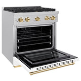 ZLINE Autograph Edition 30 in. 4.2 cu. ft. Paramount Dual Fuel Range with 4 Burner Gas Cooktop and Electric Convection Oven in Satin Stainless Steel with White Matte Door and Polished Gold Accents (SDRSZ-WM-30-G)