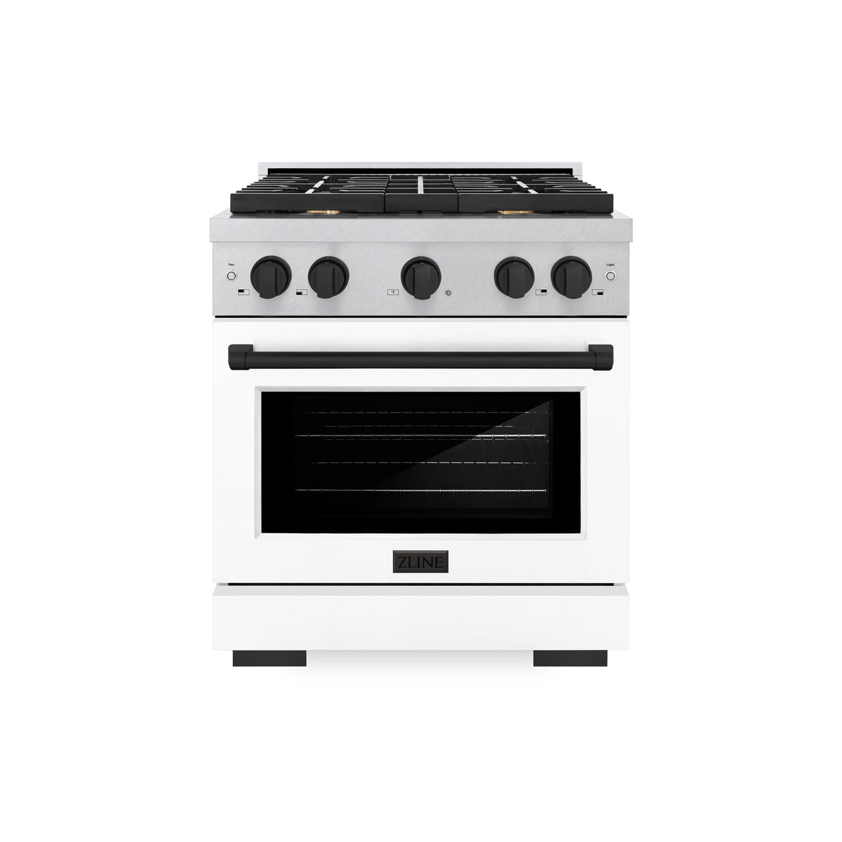 ZLINE Autograph Edition 30 in. 4.2 cu. ft. Paramount Dual Fuel Range with 4 Burner Gas Cooktop and Electric Convection Oven in Satin Stainless Steel with White Matte Door and Matte Black Accents (SDRSZ-WM-30-MB)
