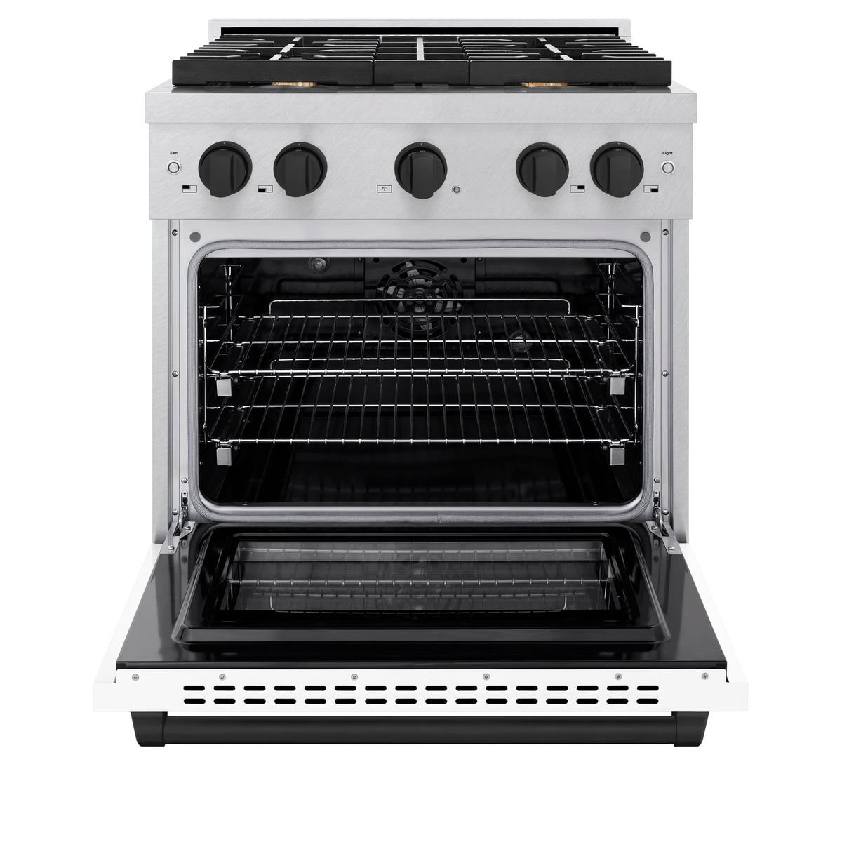 ZLINE Autograph Edition 30 in. 4.2 cu. ft. Paramount Dual Fuel Range with 4 Burner Gas Cooktop and Electric Convection Oven in Satin Stainless Steel with White Matte Door and Matte Black Accents (SDRSZ-WM-30-MB)